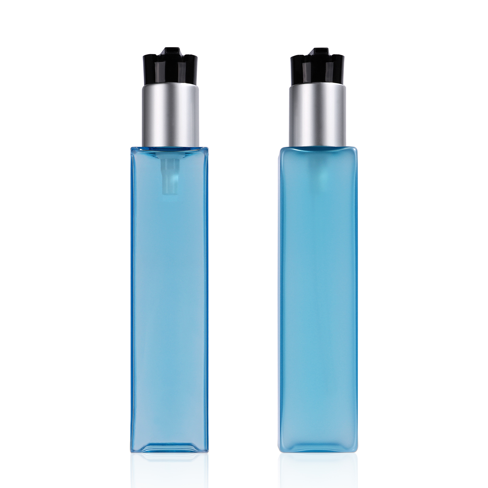 China factory manufacturer 190ml empty square shaped different semi-transparent colors PET plastic bottle, with lotion pump/ spray pump or screw cap/ flip lid cap with sealing plug